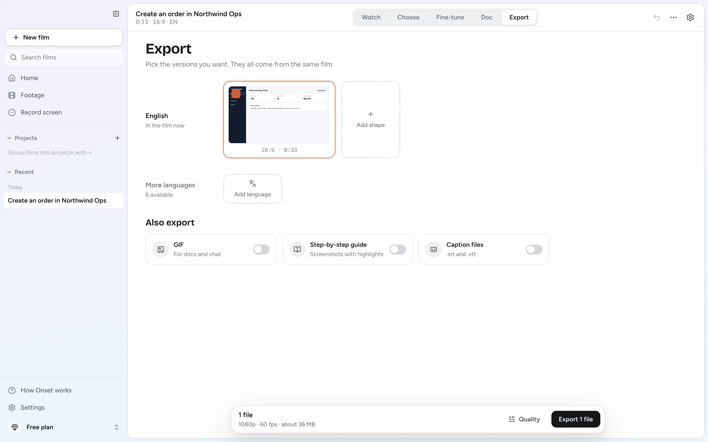 Export: the film's shapes, languages, a GIF, the guide and caption files