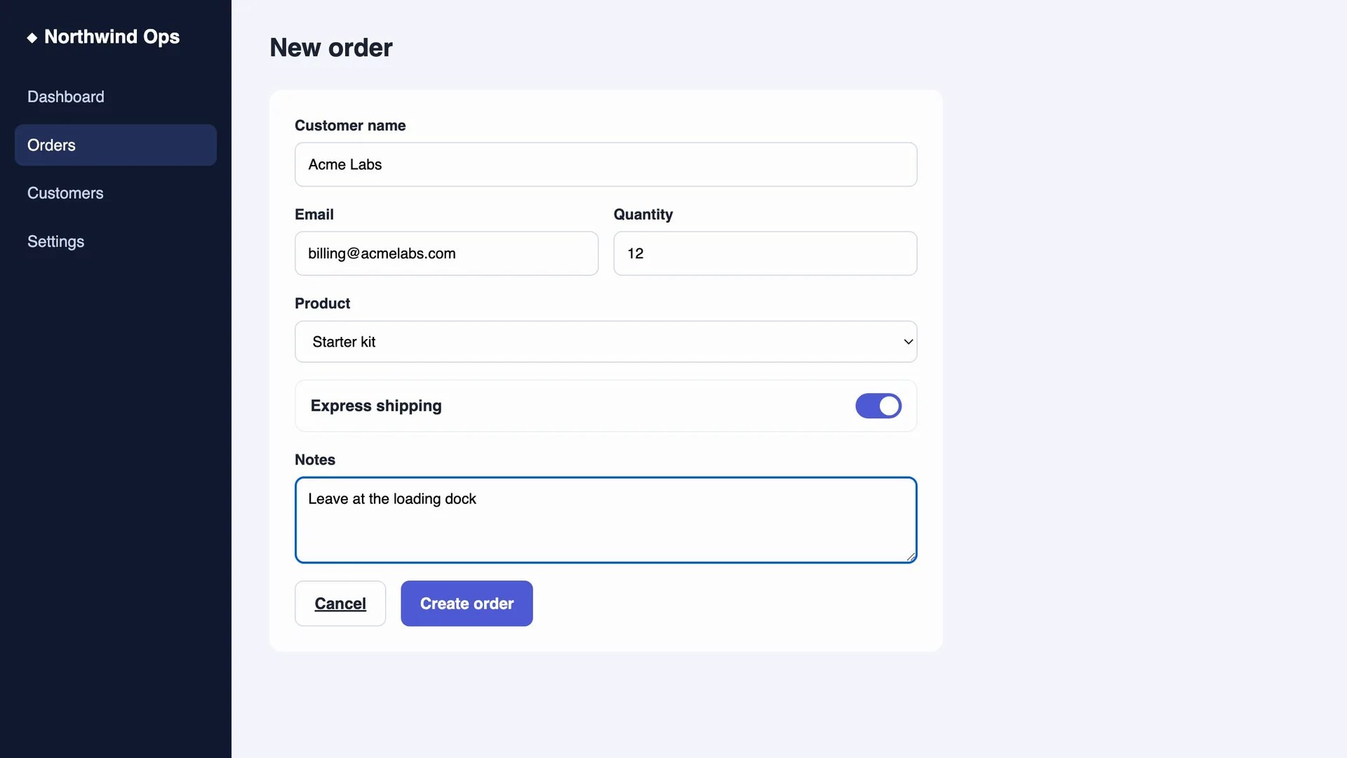 The sample app's order form